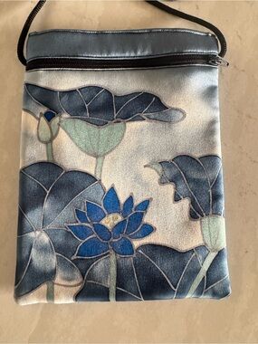 Blue Floral Crossbody Bag - Elegant Lotus Print 100% Silk Batik